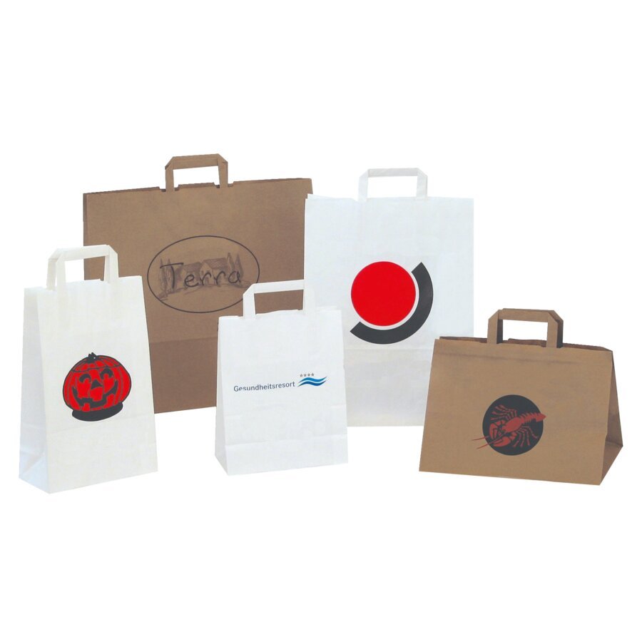 Hochwertige Kraftpapier-Tasche in unterschiedlichen Gren, in Wei oder Braun mit individueller Bedruckung