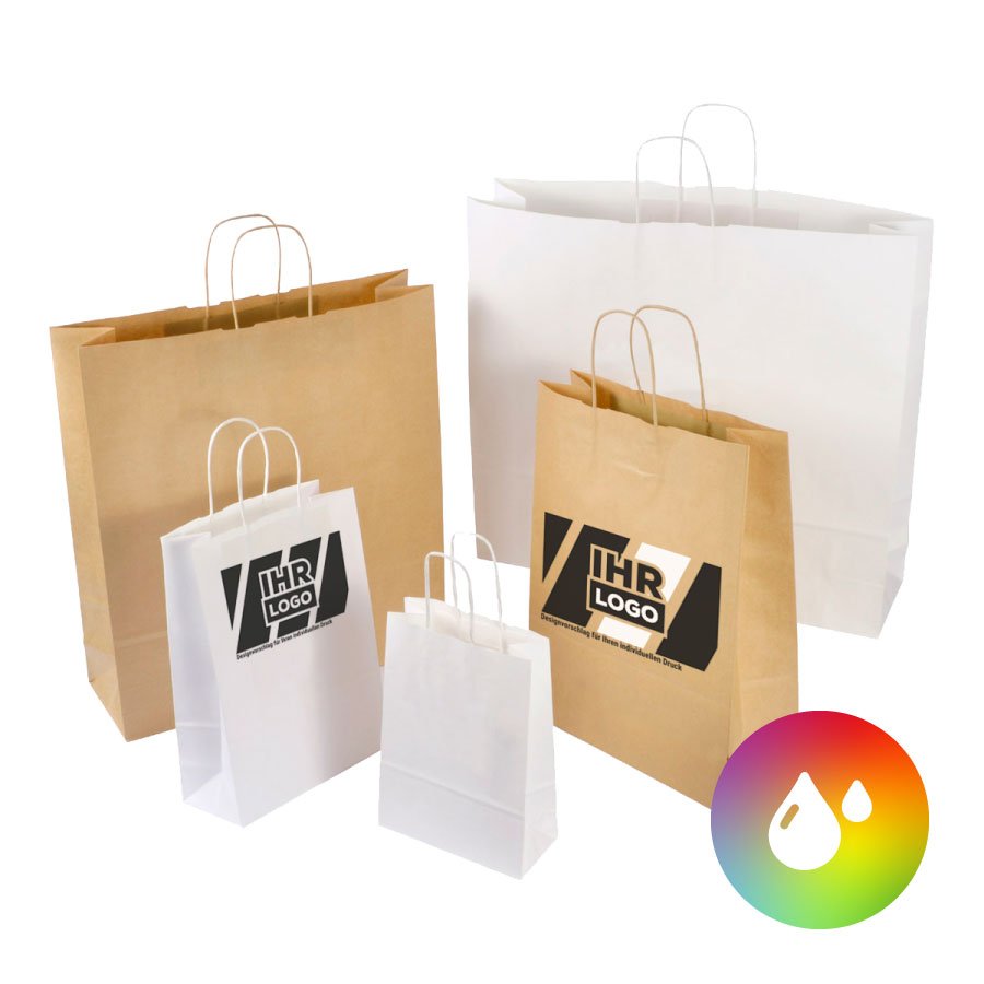 Hochwertige Kraftpapier-Tasche in unterschiedlichen Gren, in Wei oder Braun mit individueller Bedruckung