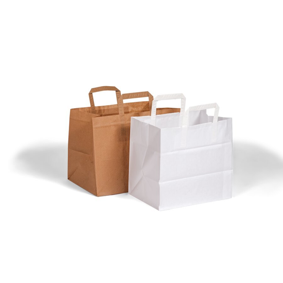 Die robusten Tragetaschen in gibt es in Wei oder Braun, auf Wunsch auch individuell bedruckt