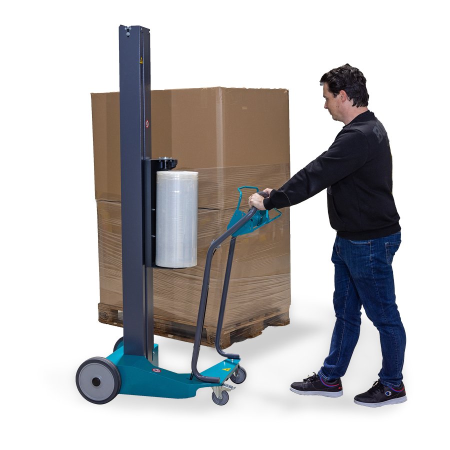 Mit unterschiedlichen Wickelarten wickelt er auch Ihre Palette mit Stretchfolie ein.