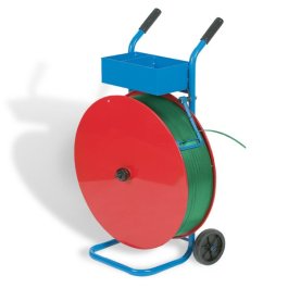 Abrollwagen in blau / rot mit grnem Umreifungsband 