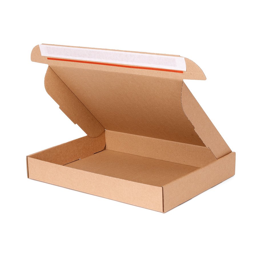 Eine Klappschachtel im geffneten Zustand mit sichtbaren Selbstklebestreifen