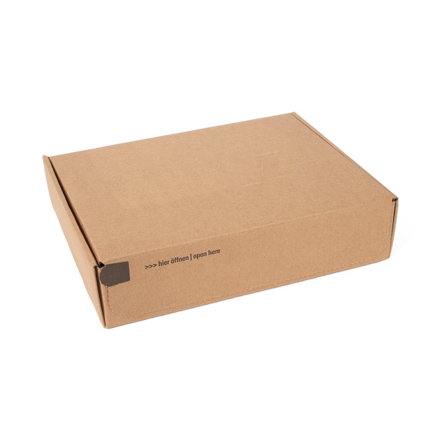 Braune Klappschachtel aus Wellpappe mit Selbstklebeverschluss und Aufreifaden