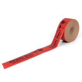 Rolle Nassklebeband rot mit schwarzen Aufdruck Vorsicht Glas