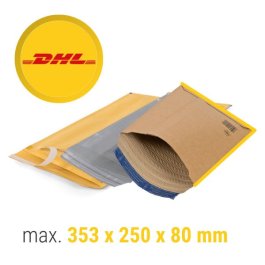 Sammelaufnahme Versandtasche mit DHL Logo und Mae max.