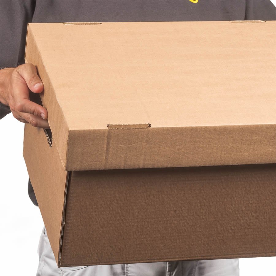 Auch mit 90 mm hohem Stlpdeckel lsst sich die Box bequem an den Tragegriffen transportieren