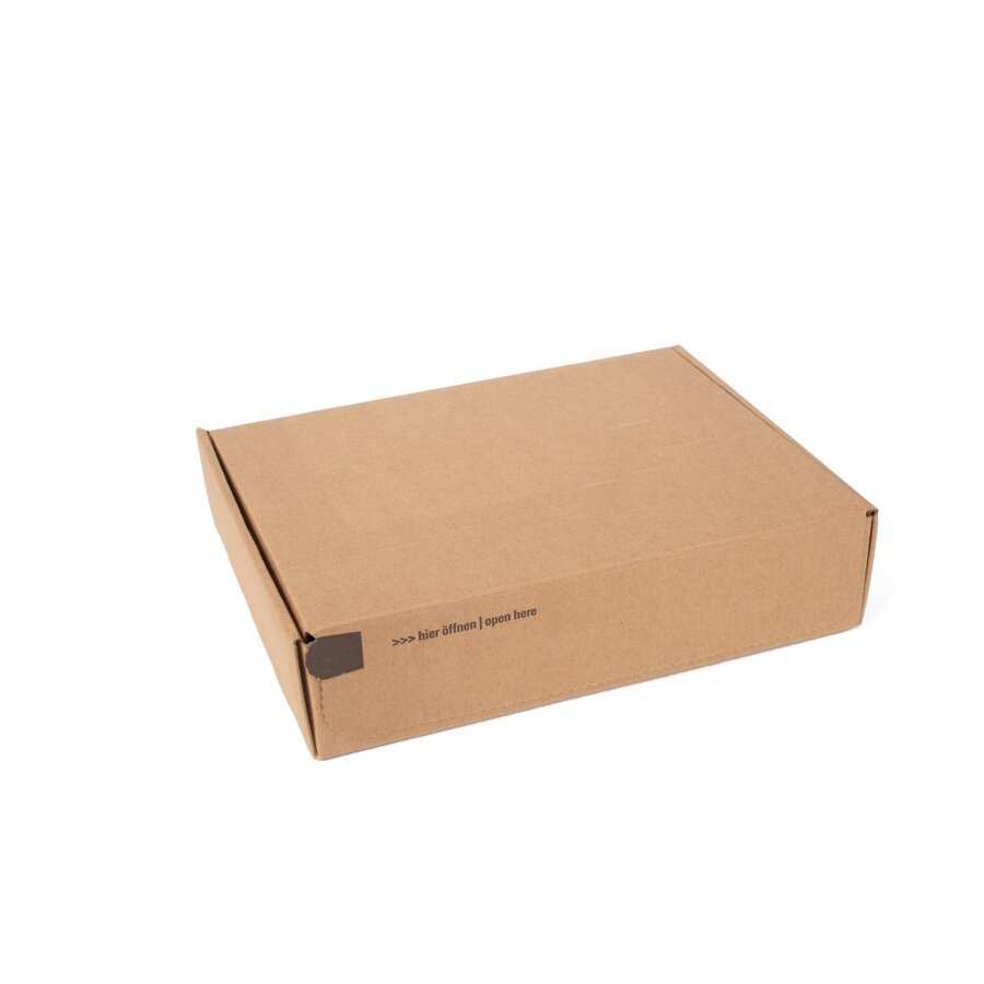 Klappschachtel aus Wellpappe mit Selbstklebeverschluss und Aufrei�faden, ideal f�r den Versand.