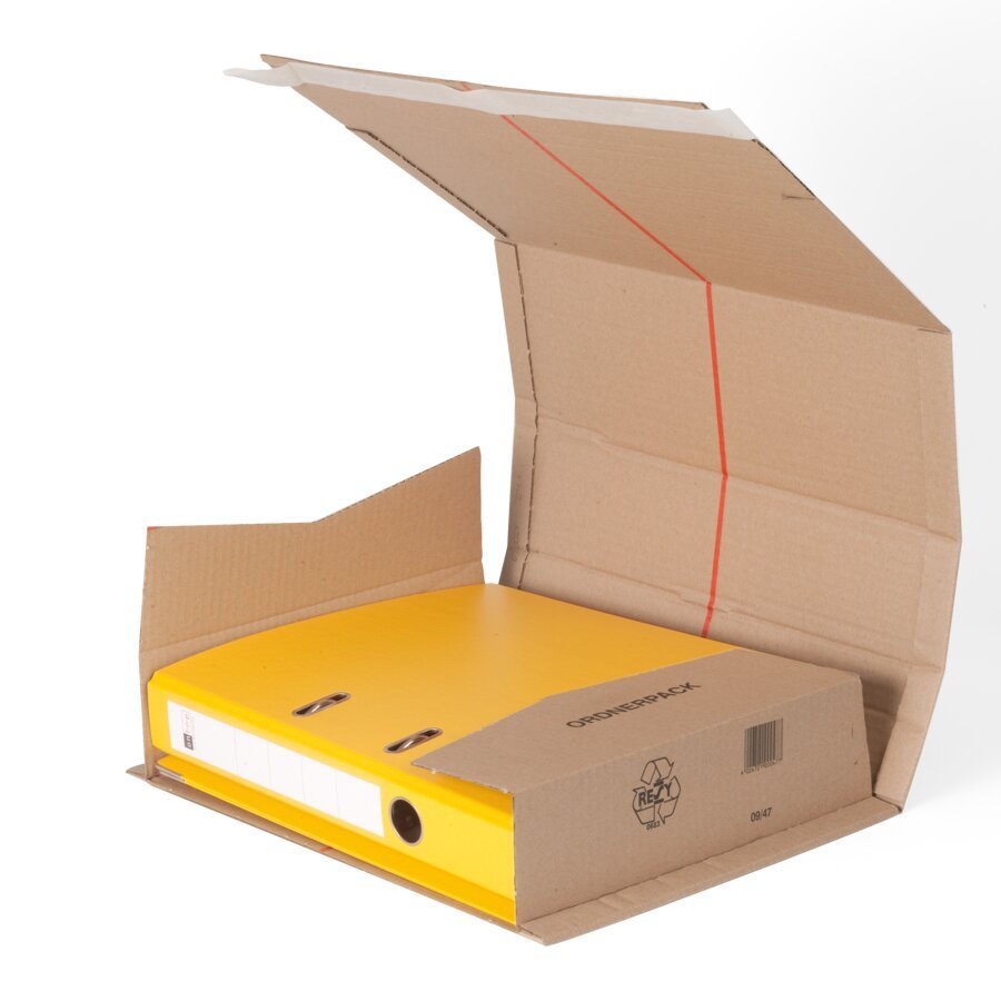 Ordner-Verpackung mit SK-Verschluss und Aufreifaden