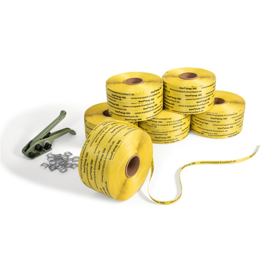 Mit einem passenden Umreifungsgert lsst sich das bonistrap 500 einfach verarbeiten