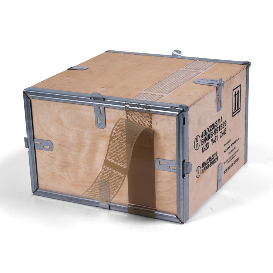 Das braune Sicherheitssiegelband haftet auf Folie, Styropor und Holz