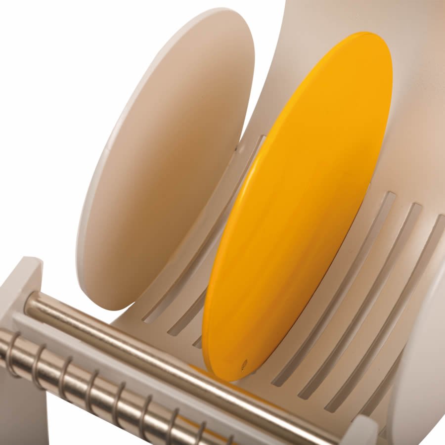 Nahaufnahme  Rollenteiler rund / gelb im Etikettenspender