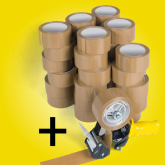 Paketband PVC 50 mm braun Set 144 Rollen mit Abroller